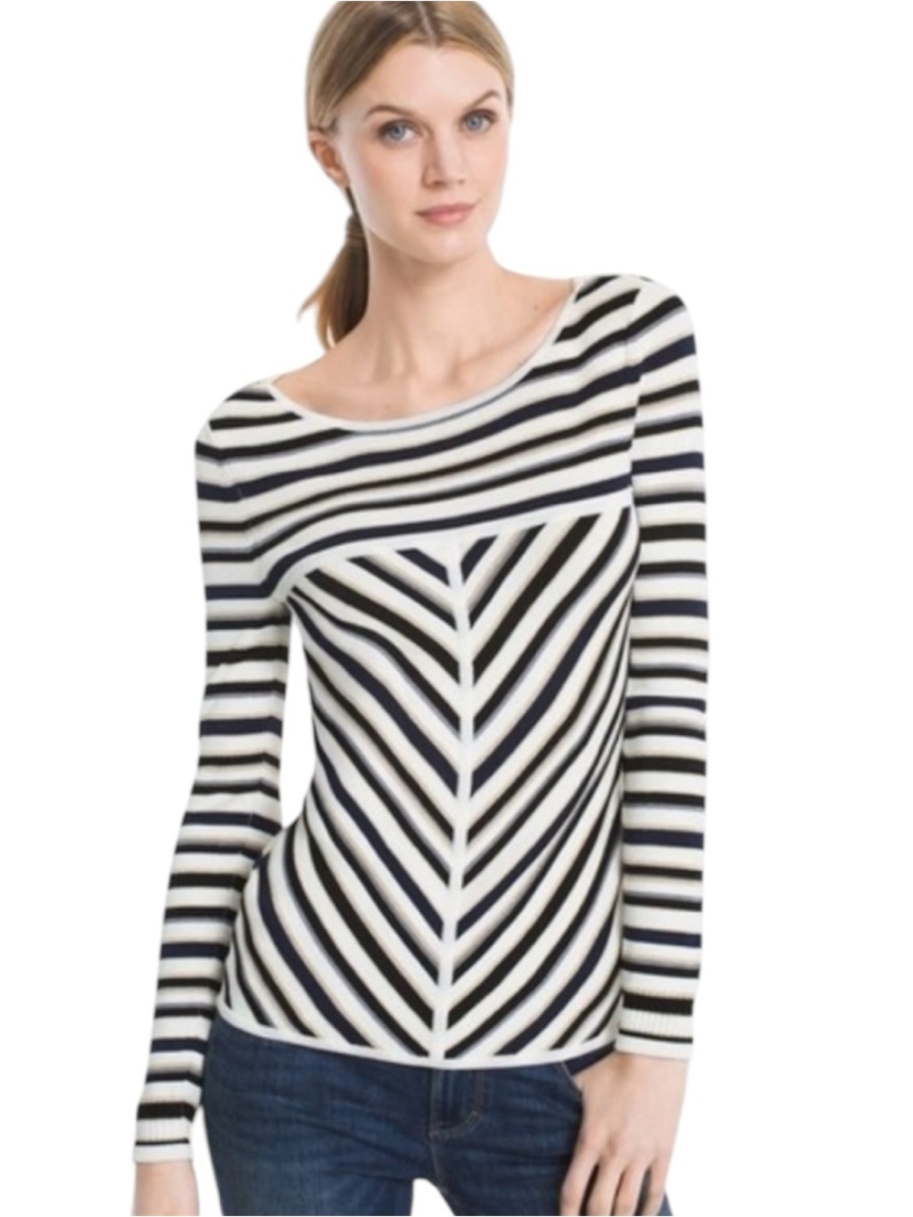 White House Black Market, WHBM, Striped Chevron, Long-Sleeve Knit Top, Sweater